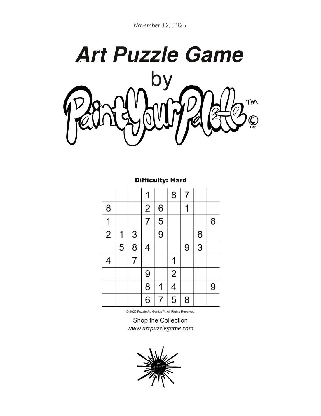 9x9 Sudoku Grid, where .=blank square . . . 1 . 8 7 . . 8 . . 2 6 . 1 . . 1 . . 7 5 . . . 8 2 1 3 . 9 . . 8 . . 5 8 4 . . 9 3 . 4 . 7 . . 1 . . . . . . 9 . 2 . . . . . . 8 1 4 . . 9 . . . 6 7 5 8 . .  Apologies for any typos. Enjoy!
