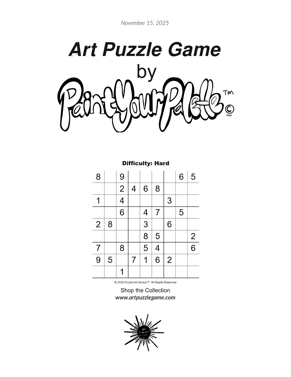 9x9 Sudoku grid, difficulty hard, where .=blank square:  8 . 9 . . . . 6 5 . . 2 4 6 8 . . . 1 . 4 . . . 3 . . . . 6 . 4 7 . 5 . 2 8 . . 3 . 6 . . . . . . 8 5 . . 2 7 . 8 . 5 4 . . 6 9 5 . 7 1 6 2 . . . . 1 . . . . . . Apologies for any typos. Enjoy!