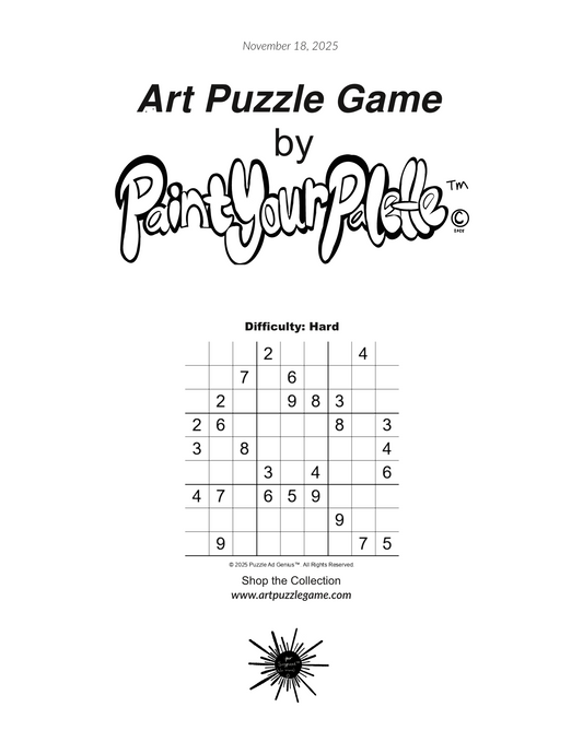 9x9 Sudoku grid, difficulty hard, where .=blank square:  . . . 2 . . . 4 . . . 7 . 6 . . . . . 2 . . 9 8 3 . . 2 6 . . . . 8 . 3 3 . 8 . . . . . 4 . . . 3 . 4 . . 6 4 7 . 6 5 9 . . . . . . . . . 9 . . . 9 . . . . . 7 5  Apologies for any typos. Enjoy!